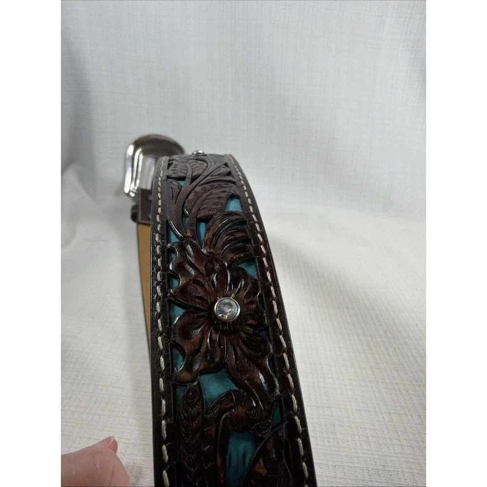 Ariat Womens Turquoise Inlay Floral Tooled Leather Belt Studded Western Buckle